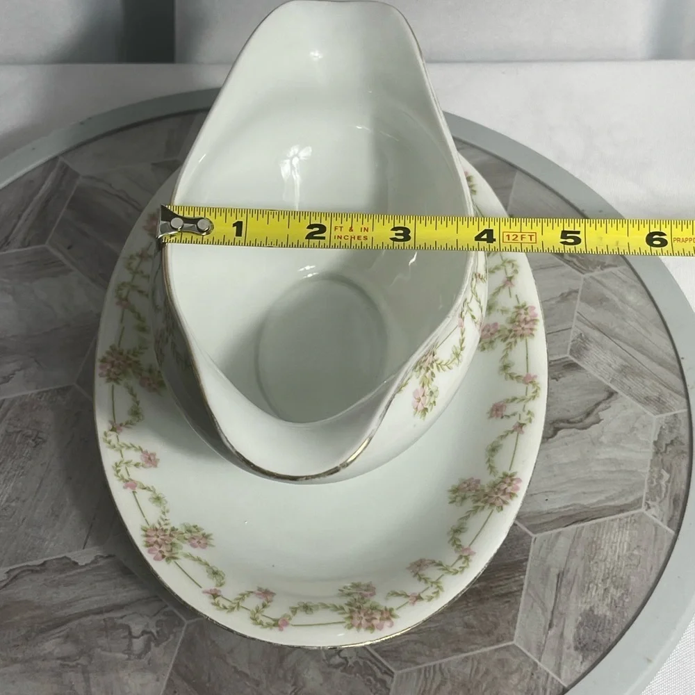 Bavaria Elegant White Delicate Pink Floral Green Garland Gravy Boat with Saucer